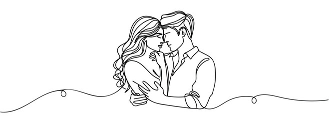 Obraz premium continuous drawing in one line of a guy and a girl in love hugging each other.