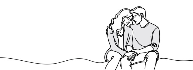 continuous drawing in one line of a guy and a girl in love hugging each other.