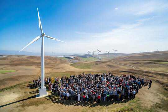 Inauguration of a wind farm. Local residents of diverse ethnicities and ages gather, celebrating the transition to renewable energy sources and a cleaner future.