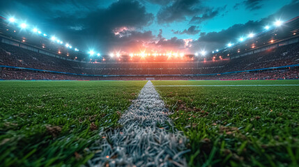 Nighttime soccer match in a brightly lit, vibrant stadium with a pristine green field - obrazy, fototapety, plakaty
