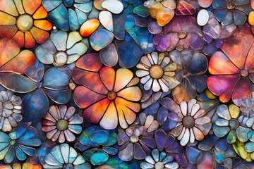  a close up of a multicolored wall with many different shapes and sizes of flowers in the middle of it.
