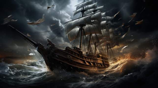 Ship battling through a storm at sea