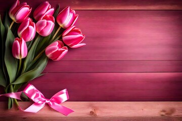 Pink tulips on wooden background with copy space for text