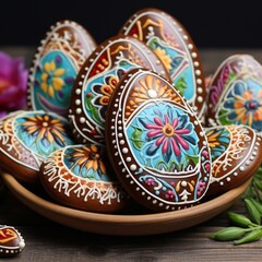 Fototapeta na wymiar Easter eggs in wooden bowl on wooden table, close-up. AI.