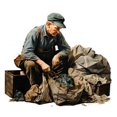 Worker at a recycling plant sorting materials isolated on white background, vintage, png
