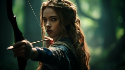 A female archer in the forest, pulling the bowstring, takes aim with a bow