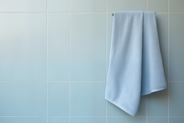 A hanging blue towel on a tiled wall