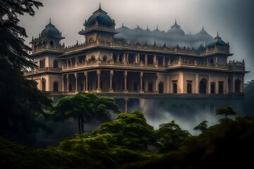 Obraz premium view of a classic palace shrouded in a mystical mist that adds an air of mystery and enchantment