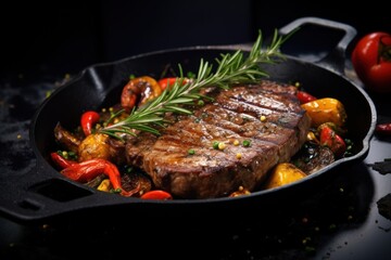  a close up of a steak in a frying pan with peppers and a sprig of rosemary on the side.