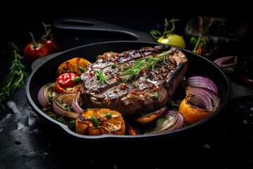  a steak in a cast iron skillet with onions, tomatoes, peppers, and herbs on a black background.