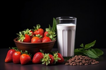  a bowl of strawberries next to a bowl of chocolate chips and a glass of milk on a black background.