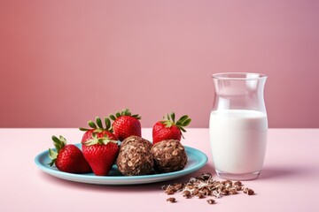 a plate of strawberries and chocolate covered strawberries next to a glass of milk on a pink tablecloth.