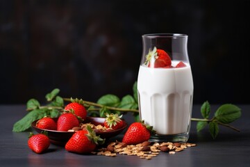  a glass of milk next to a bowl of strawberries and a bowl of oatmeal on a table.