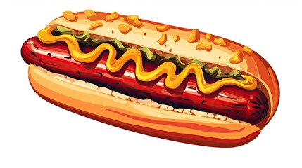 Isolated classic hot dog with a bun, sausage, mustard, and ketchup, on a white background, showcasing the irresistible appeal of America's favorite street food.