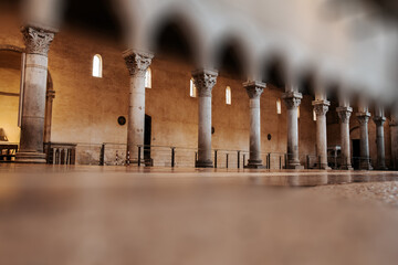Interior of the Basilica of Aquileia, ancient colonnade, photo with selected focus