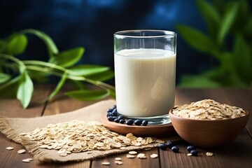  a glass of milk and a bowl of oatmeal on a wooden table with a green plant in the background.