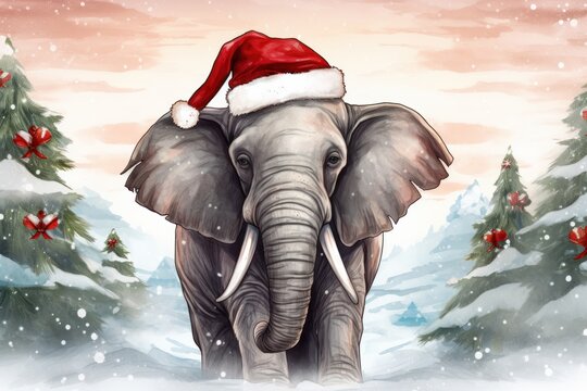  a painting of an elephant wearing a santa hat in a snowy landscape with a christmas tree in the foreground.