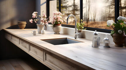 Countertop on a blurred background of a light-colored wooden kitchen with a sink. product display mockup copy space