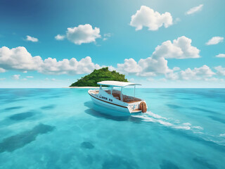 Boat in turquoise ocean water against blue sky with white clouds and tropical island. The natural landscape for summer vacation, panoramic view