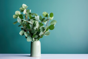  a white vase filled with green leaves on top of a white table with a blue wall in the back ground.