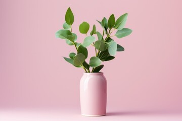  a pink vase filled with green leaves on top of a pink surface with a light pink wall in the background.