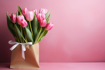 Bouquet of pink flowers in a paper bag. Copy space for text - Powered by Adobe