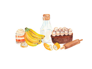 Banana bread recipe. Watercolor Ingredients illustration. Idea for recipe book, cooking, menu, kitchen, cards, packing, cuisine decor. Design with milk, desserts, bananas, bread