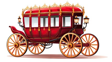 Vintage elegance: A red retro wedding or royal wooden carriage with a roof, isolated on white, perfect for a classic and romantic celebration. - obrazy, fototapety, plakaty