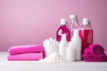  a pile of pink towels sitting next to bottles of soap and lotion on top of a white table next to a pink wall.