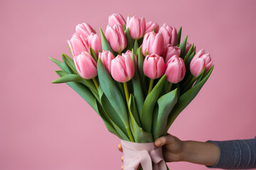 Fototapeta premium Beautiful bouquet of tulips in hand on a pink background