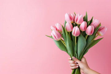 Beautiful bouquet of tulips in hand on a pink background. Copy space for text