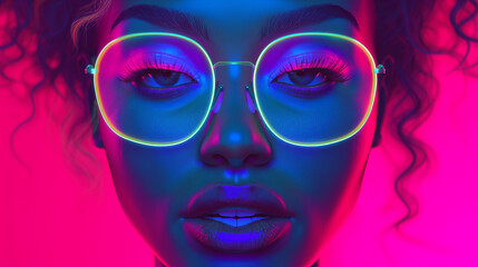 The girl's face in a neon glow. A girl in neon glasses looks at the camera. Background in neon glow