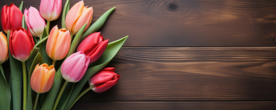 Bouquet of multi-colored tulips in paper wrapper on a wooden table, flat lay. Horizontal banner. Copy space for text