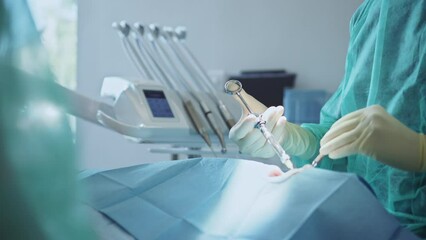 Doctor hands in medical sterile gloves giving anesthetic injection to patient in dental office. Bad toothache. Medicine, health care concept. Clinic. Indoors