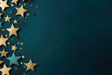  a group of gold and blue stars on a dark green background with space for a text or an image to put on a card or brochure.
