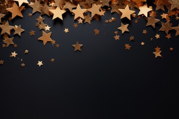  a group of gold stars on a black background with a place for a text or an image to put on a card or brochure.