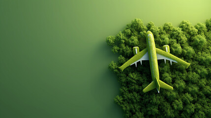 3d Airplane covered with green plants against green background