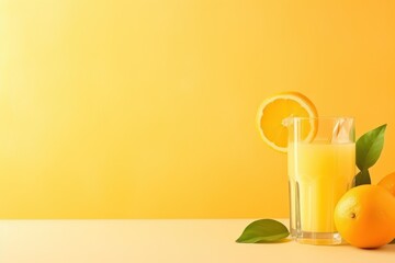  a glass of orange juice next to an orange slice and a half of an orange on a yellow background with leaves.