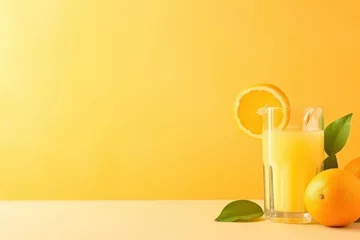 Foto op Plexiglas  a glass of orange juice next to an orange slice and a half of an orange on a yellow background with leaves. © Nadia