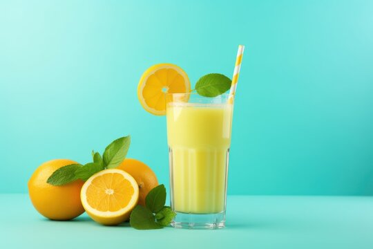  a glass of orange juice next to two oranges and a green leafy garnish on a blue background.