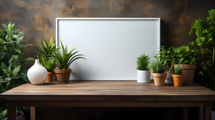 blank frame on a table with flower pots