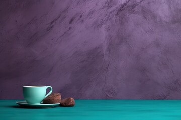  a cup and saucer sitting on top of a blue table next to a purple and purple wall with a rock on it.