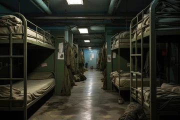 Fotobehang Beds in a military army barracks © Michael