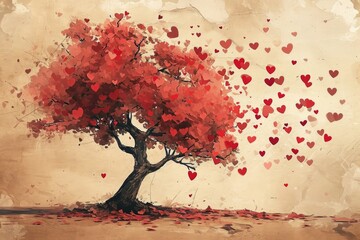 Fantasy love tree with heart leaves on beige background, Valentine's day card