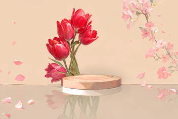 A podium for product demonstration on a beige background. There are red tulips in the background. Illustration