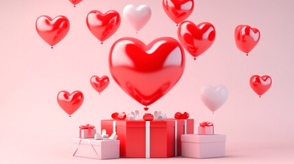 The perfect setting for Valentine's Day, a gift adorned with heart-shaped balloons, shades of pink and red reminiscent of Valentine's Day. Poetic, stuning, 3D rendering design illustration.