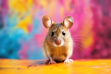  a close up of a small rodent on a yellow surface with a multicolored wall in the background.