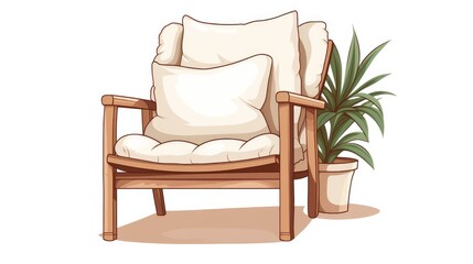 A stylish wooden chair with soft pillows, isolated on a white background, presenting a perfect blend of comfort and modern interior aesthetics.