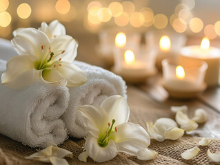 Obraz na płótnie Canvas Spa Essentials: Towels, White Flowers, and Warm Candlelight