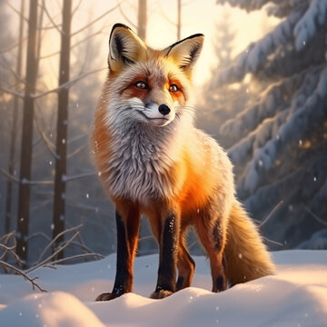 Portrait of a red fox in the winter forest